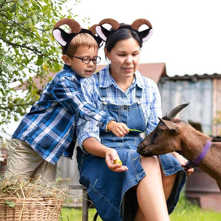Beviliu Goat Ears Headband with Ram Horns, Animals Ears and Horns Headband, Sheep Ears Custome Lamb Ears Headwear for Halloween Christmas Birthday Party Theme Cosplay, Black