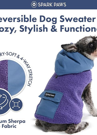 Spark Paws Reversible Fleece Dog Jacket, Hooded Sweater Vest, Warm Coat for Winter - Suitable for Small Medium Large XL XXL Dogs - Purple and Navy Blue - 3XL