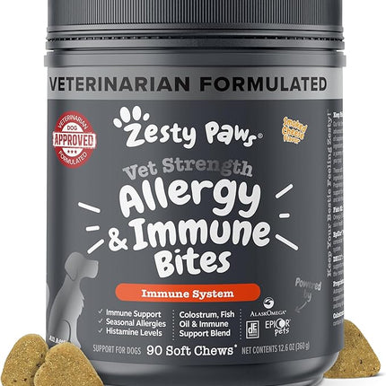 Zesty Paws Vet Strength Dog Allergy Relief Chews, Dog Probiotics for Itchy Skin and Ears, Smoked Cheese, 90ct