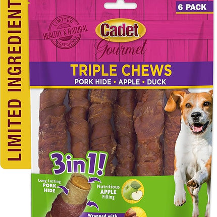 Cadet Gourmet Triple Chews Long-Lasting Pork Hide Sticks with Apple and Duck, Healthy Dog Treats for Small & Large Dogs, 6 Count