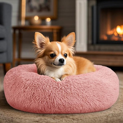 Dogs Bed for Small Dogs, Anti-Anxiety Washable Round Bed (Pink, 24.0" L x 24.0" W x 8.0" Th)