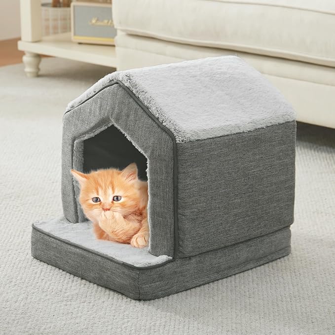 Orthopedic Cat Houses for Indoor Cats,Small Dogs,Super Soft Cat Bed Cave,Condos, Cubes,Cat Hideaway,Covered,Cat Bed for Kitty Small Medium Large Pet (Gray, 18" L x 15" W x 17" Th)