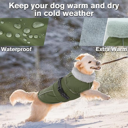 Lelepet Warm Dog Coat Waterproof Dog Jacket for Large Dogs Reflective Fleece Vest with Adjustable Buckle Hook & Loop Windproof Cold Weather Coats for Small Medium Large Dogs, Army Green, L