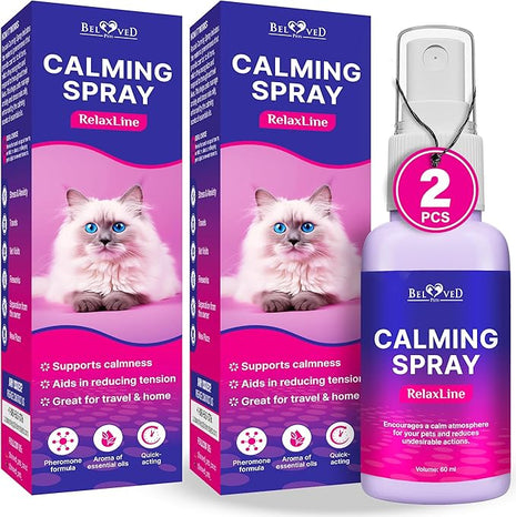Calming Pheromone Spray & Scratch Repellent for Cats - Reduces Scratching Furniture, Pee - During Travel, Fireworks, Thunder, Vet Zone - Helps with Stress, Fighting, Hiding (60 ml (2 pack))