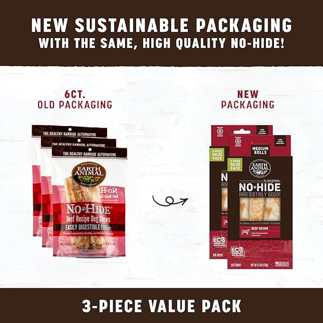 Earth Animal No Hide Chews - Long Lasting Rawhide Free Medium Dog Chews Rolls, Beef - 3 Count Value Pack