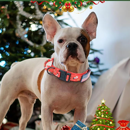 Hotsky Christmas Tactical Dog Collar, Adjustable Military Training Xmas Collar with Handle and Have Duty Metal Buckle for Medium Large Dogs, with Airtag Holder and 2 Patches(Christmas Red,M)