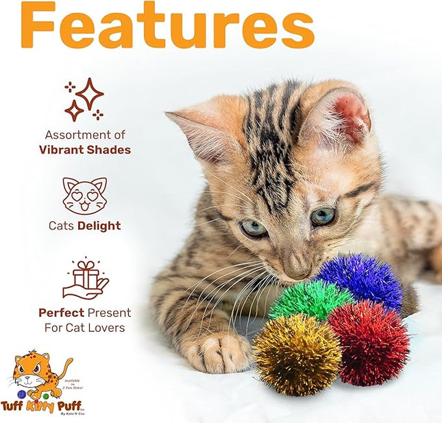 Tuff Kitty Puff Sparkle Ball Cat Toy - Mini Size 1 Inch (Mini 12 Pack)