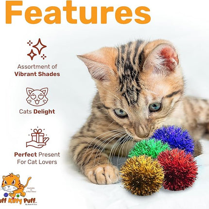 Tuff Kitty Puff Kats' N Us Cat Toy - Mini Size 1 Inch - Sparkle Ball Cat Toys - Glitter Assorted Colors (Pack of 6)