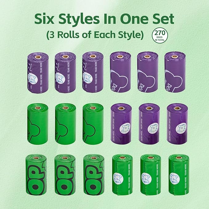 270 Count Scented Dog Poop Bags Rolls, 20 Micron Ultra Thick, Heavy Duty Tear Resistant Leak Proof for Yuck-Free Cleanup, with Dispenser & Leash Clip, 9 x 13 Inch, 3 Styles (Green & Purple)