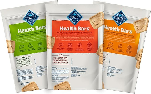 Blue Buffalo Health Bars Crunchy Dog Biscuits, Variety Pack, Bacon, Egg & Cheese, Apple & Yogurt, Pumpkin & Cinnamon, 16-oz Bags