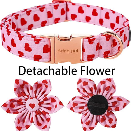ARING PET Valentine's Day Dog Collar-Adorable Pink Heart Dog Collar with Flower, Adjustable Cotton Girl Dog Collars with Metal Buckle