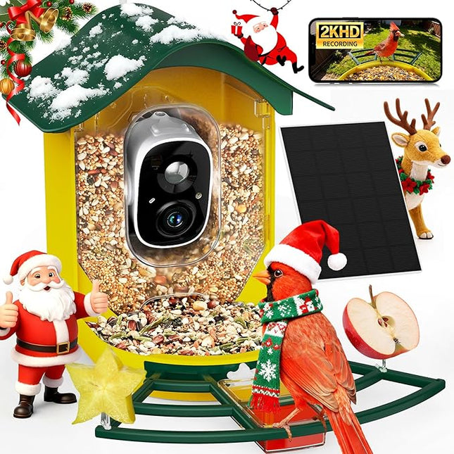 PeckCam® Smart Bird Feeder with Camera 2K HD Auto Detect & Notify, AI Identify 10000+ Birds Camera with Solar Panel 5 Perch Attachments Wireless Outdoor Birdwatching Gift for Birds Lover, Yellow