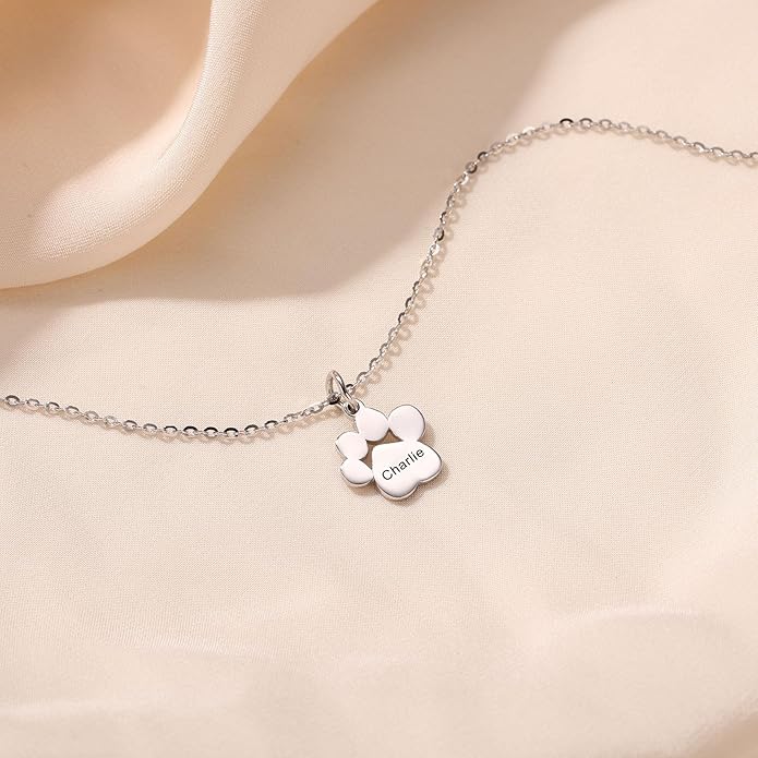 MeMeDIY Personalized Paw Print Necklace for Women Engraved Name Dog Paw Necklace Stainless Steel/925 Sterling Silver Paw Necklace Pet Memorial Necklace 1-4 Cat Paw Print Necklace