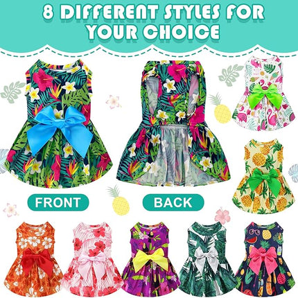 LEIFIDE 8 Pcs Summer Themed Hawaii Dog Dresses Holiday Flamingo Fruit Floral Pattern Pet Skirts Hawaii Puppy Princess Dresses Outfits Bowknot for Girl Dogs Cats Beach(Large)