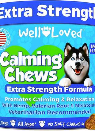 Calming Chews for Dogs - Dog Calm Treats, Made in USA, Vet Recommended, Behavior Support with Melatonin & Hemp, Stress, Separation, Fireworks, Travel, Extra Strength
