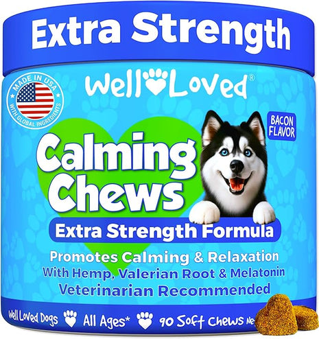 Calming Chews for Dogs - Dog Calm Treats, Made in USA, Vet Recommended, Behavior Support with Melatonin & Hemp, Stress, Separation, Fireworks, Travel, Extra Strength