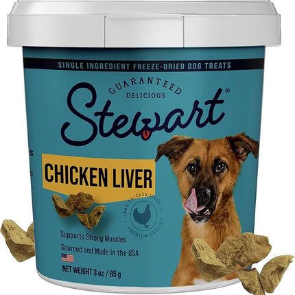 Stewart Chicken Liver Dog Treats, 3 oz, ~55 Pieces, Freeze Dried Raw, Single Ingredient, 60% Protein Training Treats or Meal Topper in a Resealable Tub, Grain Free, Gluten Free