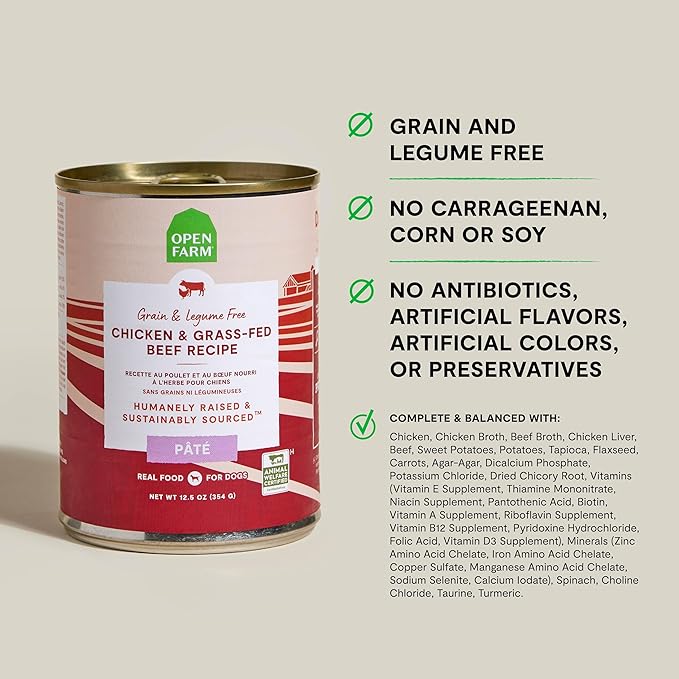 Open Farm Canned Dog Food, Paté for Complete & Balanced Nutrition, Grain-Free and Legume-Free, Grass-Fed Beef Recipe, 12.5oz Cans (Pack of 12)