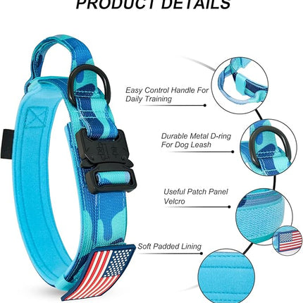 Hotsky Tactical Dog Collar, Adjustable Military Training Nylon Airtag Collar with Handle and Heavy Duty Metal Buckle for Medium Large Dogs, with Airtag Holder and Two Patches（Blue Camo,XL）