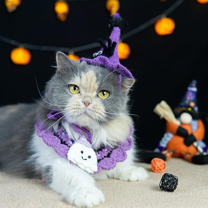 Halloween Cat Costume & Dog Outfit – Handmade Purple Witch Hat & Cute Ghost Cat Clothes, Adjustable Pet Outfit for Cats &Small Dogs, Lightweight & Breathable, Festive Pet Accessories