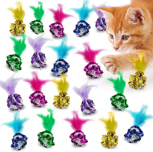 SunGrow Mylar Crinkle Balls with Feathers, 2.5-Inches, Shiny Stress Buster Crinkler, Suitable for Multiple Cats' Engagement, Ideal for Kittens and Grown-ups, 20-Pcs