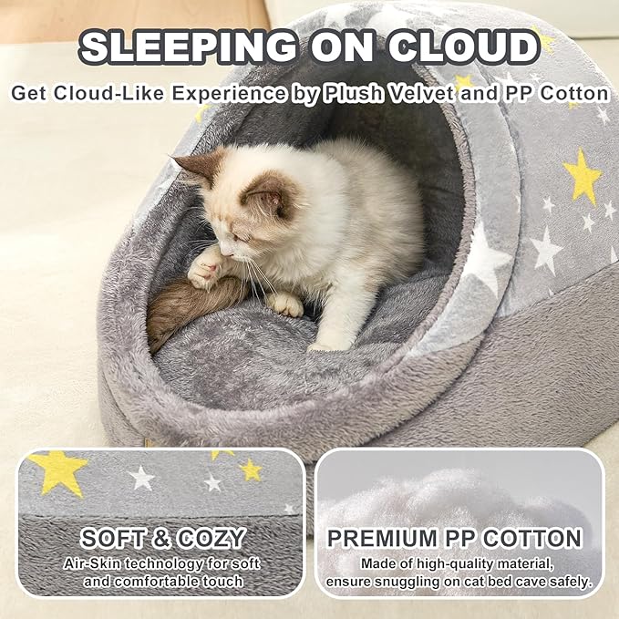 Jiupety Cute Cat Beds for Indoor Cats, Cat Cave Bed for Kittens, Large Cat Cave and Covered Cat Bed with Anti-Slip Bottom, Washable Removable Cushion, M(16"x16"x13"), Gray Star