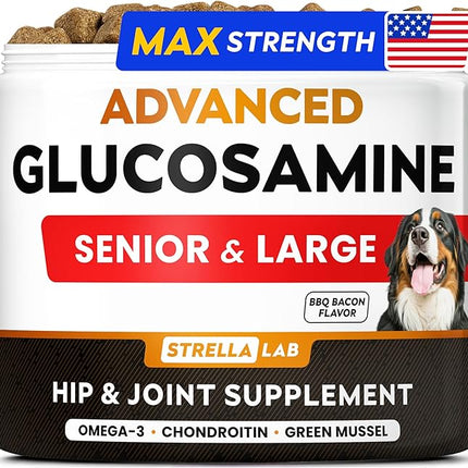 STRELLALAB Advanced Glucosamine Hip & Joint Supplement for Senior Dogs - Green Lipped Mussel & Collagen - Hip & Joint Pain Relief - Large & Small Breed - Joint Health - Bacon - 120 Chews