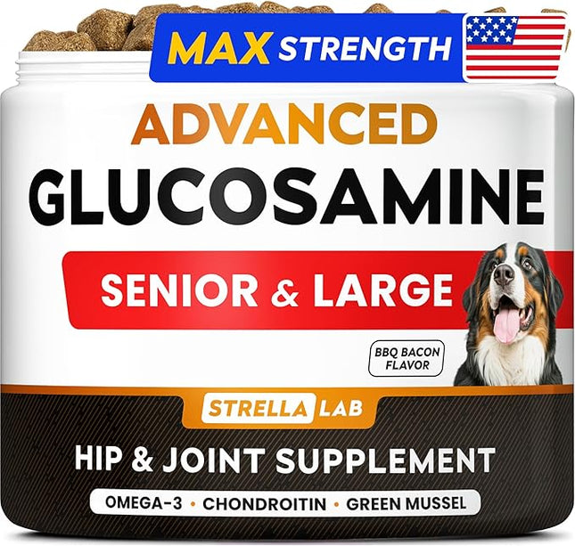 STRELLALAB Advanced Glucosamine Hip & Joint Supplement for Senior Dogs - Green Lipped Mussel & Collagen - Hip & Joint Pain Relief - Large & Small Breed - Joint Health - Bacon - 120 Chews