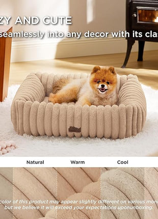 Bedsure Cute Dog Bed for Small Medium Dogs - Washable Furry Puppy Beds, Rectangle Orthopedic Corduroy Fleece Pet Beds with Removable Zipper Cover, 25x21x7inches,Sandy Beige