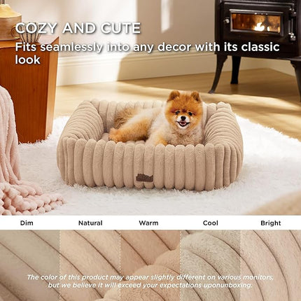 Bedsure Cute Dog Bed for Small Medium Dogs - Washable Furry Puppy Beds, Rectangle Orthopedic Corduroy Fleece Pet Beds with Removable Zipper Cover, 25x21x7inches,Sandy Beige