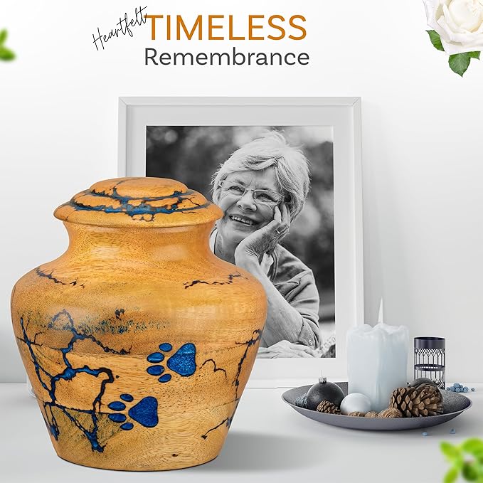 INTAJ Wooden Pet Urns for Dogs/Cats Ashes - Blue Resin Paws & Lichtenburg Design - Keepsake Cremation Urn Box, Pet Memorial Wooden Urns for Ashes, Small to Large Sizes (Classic, Medium)