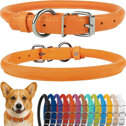 CollarDirect Rolled Leather Dog Collar, Soft Padded Round Puppy Collar, Handmade Genuine Leather Collar Dog Small Large Cat Collars 13 Colors (11-14 Inch, Orange Textured)