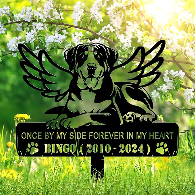 Personalized Dog Memorial Grave Marker, Custom Pet's Name Cemetery Decorations for Funerary, Metal Dog Burial Garden Stake, Outdoor Sympathy Angel Handstone Stake Plaque Gift for Loss