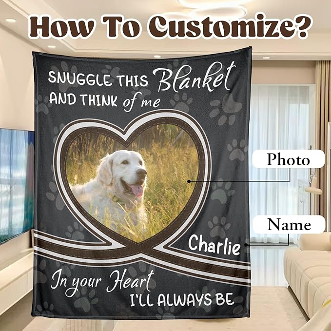 WFR Personalized Pet Memorial Throw Blanket with Photo-Pet Memorial Gifts for Dogs Cats Loss of Dog Sympathy Gift Bereavement Remembrance Passing Away Gifts,Pet Picture Blanket (1-Heart Photo)