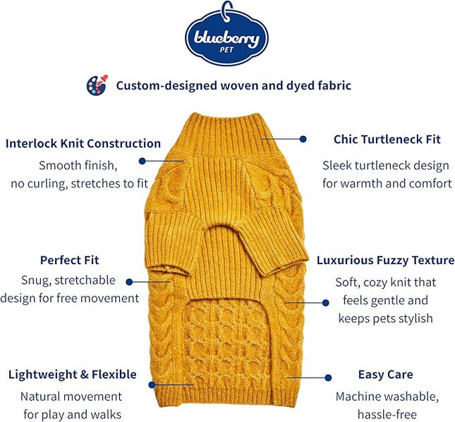 Blueberry Pet Classic Fuzzy Textured Knit Pullover Turtle-Neck Dog Sweater in Mustard Yellow, Back Length 14", Pack of 1 Clothes for Dogs