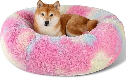 Dog Calming Beds for Small Medium Large Dogs - Round Donut Washable Puppy Dog Bed, Anti-Slip Faux Fur Fluffy Donut Cuddle Anxiety Cat Pet Bed(32'' Color)