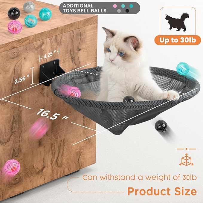 Cat Hammock Wall Mounted, Foldable & Stable Cat Beds- Breathable Cat Wall Shelves for Sleeping, Playing, Climbing, and Lounging - Maximum Hold Up to 30lb (Gray)