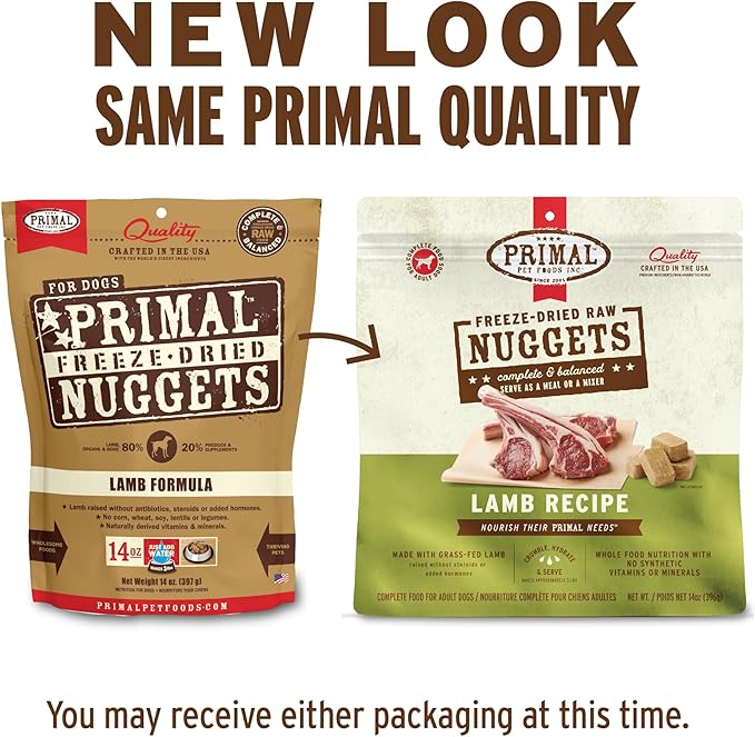 Primal Freeze Dried Raw Dog Food Nuggets, Lamb, Complete & Balanced Meal, Also Use as Topper or Treat, Premium, Healthy, Grain Free, High Protein Raw Dog Food, 14 oz