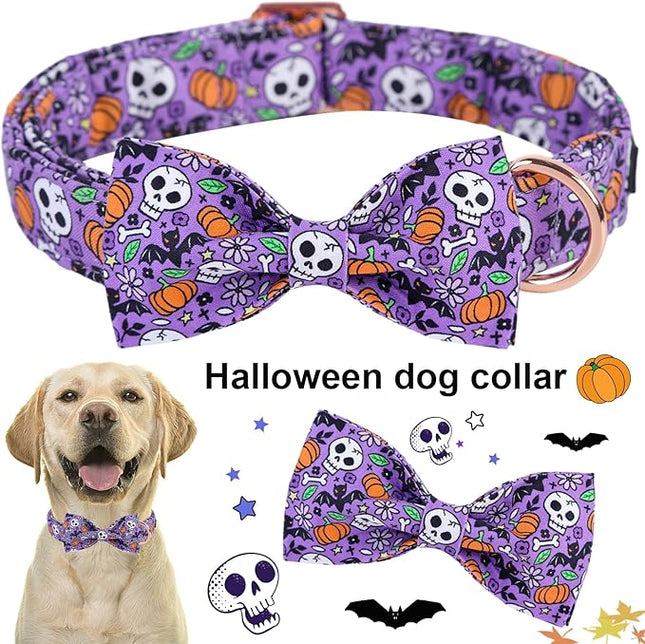 ARING PET Halloween Dog Collar Cute Pumpkin Dog Collar Bowtie, Cotton Purple Skull Bat Dog Collars Daisy Puppy Collars with Metal Buckle