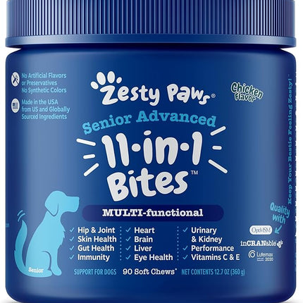 Zesty Paws Senior Dog Multivitamin Treats - Glucosamine for Dogs + Digestive Enzymes & Probiotics - Grain Free Dog Vitamins and Supplements for Skin & Coat + Immune Health Chicken - Advanced - 90ct
