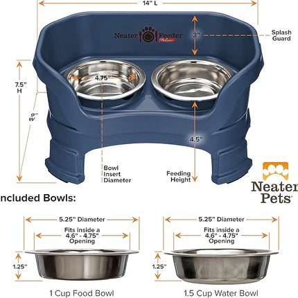 Neater Feeder Deluxe Mess Proof Cat Bowls Elevated for All Breeds – Made in USA – No Spill Raised Cat Bowls for Indoor Cats w/Leg Extensions – Stainless Steel Cat Food and Water Bowl Set - Dark Blue