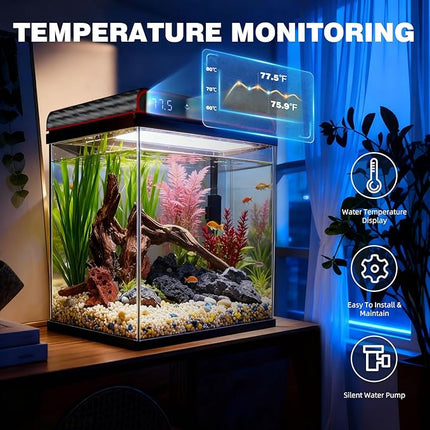 Coospider 5 Gallon Glass Fish Tank, Aquarium Starter Kit, Self-Cleaning Aquarium Kit with Ultra-Quiet Filter Pump, 3-Color LED Lights, Temp Monitoring for Fish, Shrimp, Kids Gift Idea