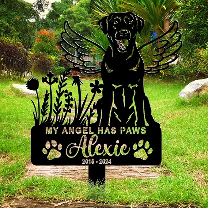 Personalized Dog Memorial Grave Marker, Custom Pet's Name Cemetery Decorations for Funerary, Metal Dog Burial Garden Stake, Outdoor Sympathy Angel Handstone Stake Plaque Gift for Loss