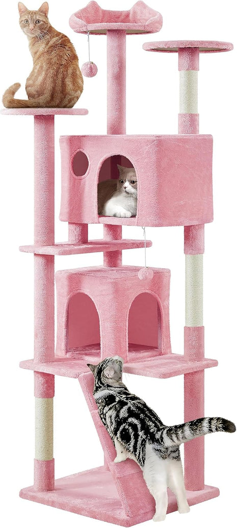 Yaheetech XL Cat Tree, 80in Multi-Level Tower w/Scratching Posts, Double Cat Condo, Perched Platforms & Dangling Balls, Activity Center for Kittens & Pets, Pink