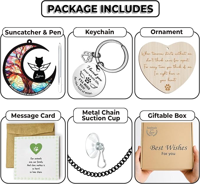 6" Cat Angel Memorial Suncatcher, Engraved Pet Memorial Ornament, Pet Sympathy Keychain, Loss of Animal Sympathy Card, Rainbow Bridge Cat Loss Gift, My Favorite Hello Hardest Goodbye PS191