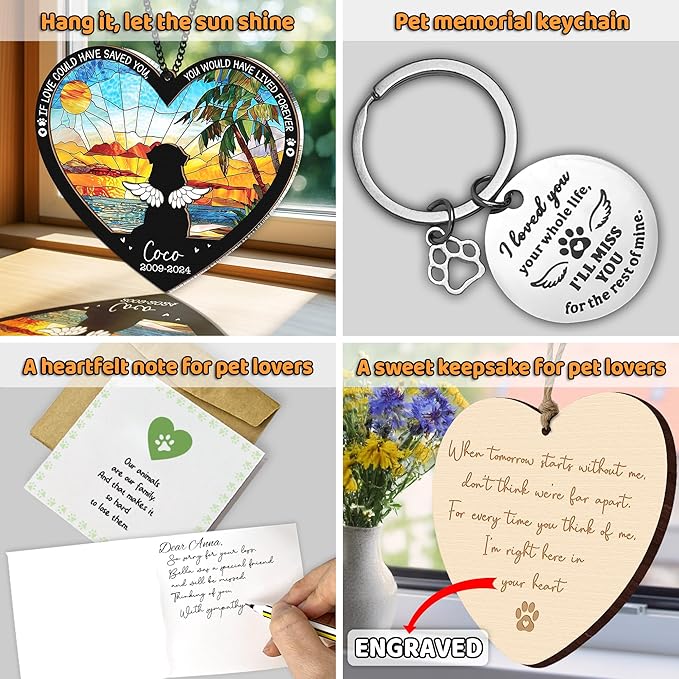 Personalized Angel Dog Memorial Suncatcher, Heart Suncatcher Remembrance Gift, Engraved Pet Memorial Ornament, Pet Sympathy Keychain, Loss of Animal Sympathy Card, Rainbow Bridge Dog Loss Gift