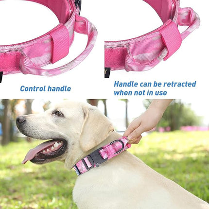 Hotsky Tactical Dog Collar, Adjustable Military Training Nylon Airtag Collar with Handle and Heavy Duty Metal Buckle for Medium Large Dogs, with Airtag Holder and Two Patches （Pink Camo,L）