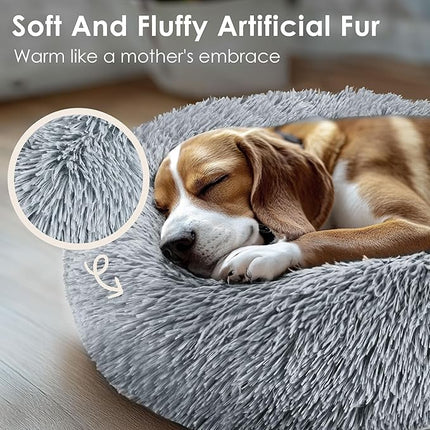 Dogs Bed for Small Dogs, Anti-Anxiety Washable Round Bed (Light Grey, 24.0" L x 24.0" W x 8.0" Th)