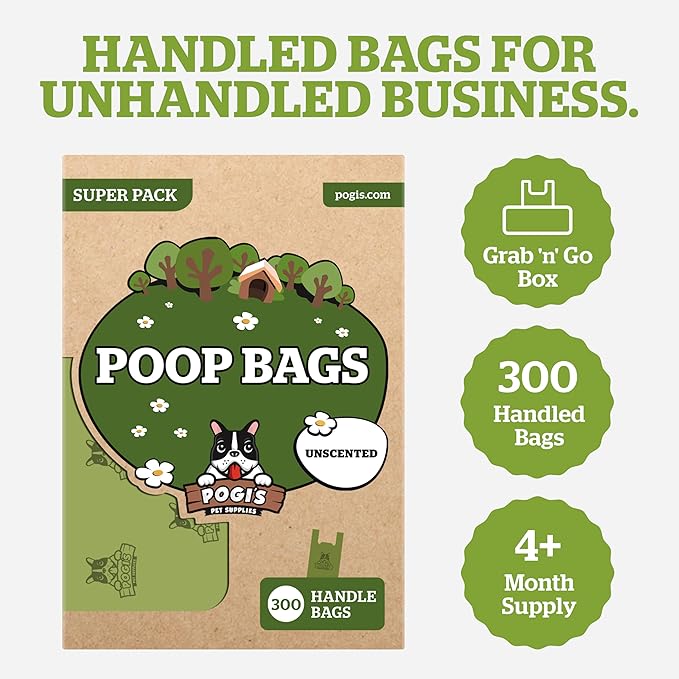 Pogi's 300 Unscented Dog Poop Bags with Handles - Earth-Friendly, Leak-Proof, Ultra Thick, 4+ Month Supply