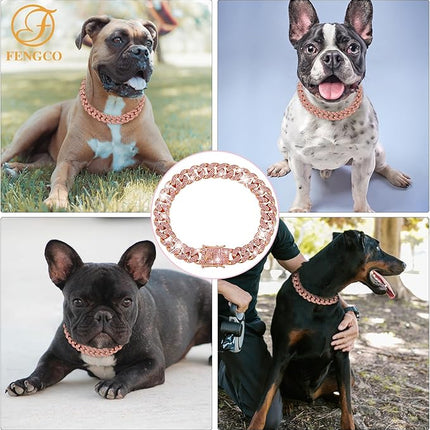 Rosegold Dog Chain Collar Diamond Cuban Link Dog Collar 13mm Wide Dog Necklace Metal Cat Chain Pet Crystal Collar Jewelry Accessories for Small Medium Large Dogs Cats(10inch)